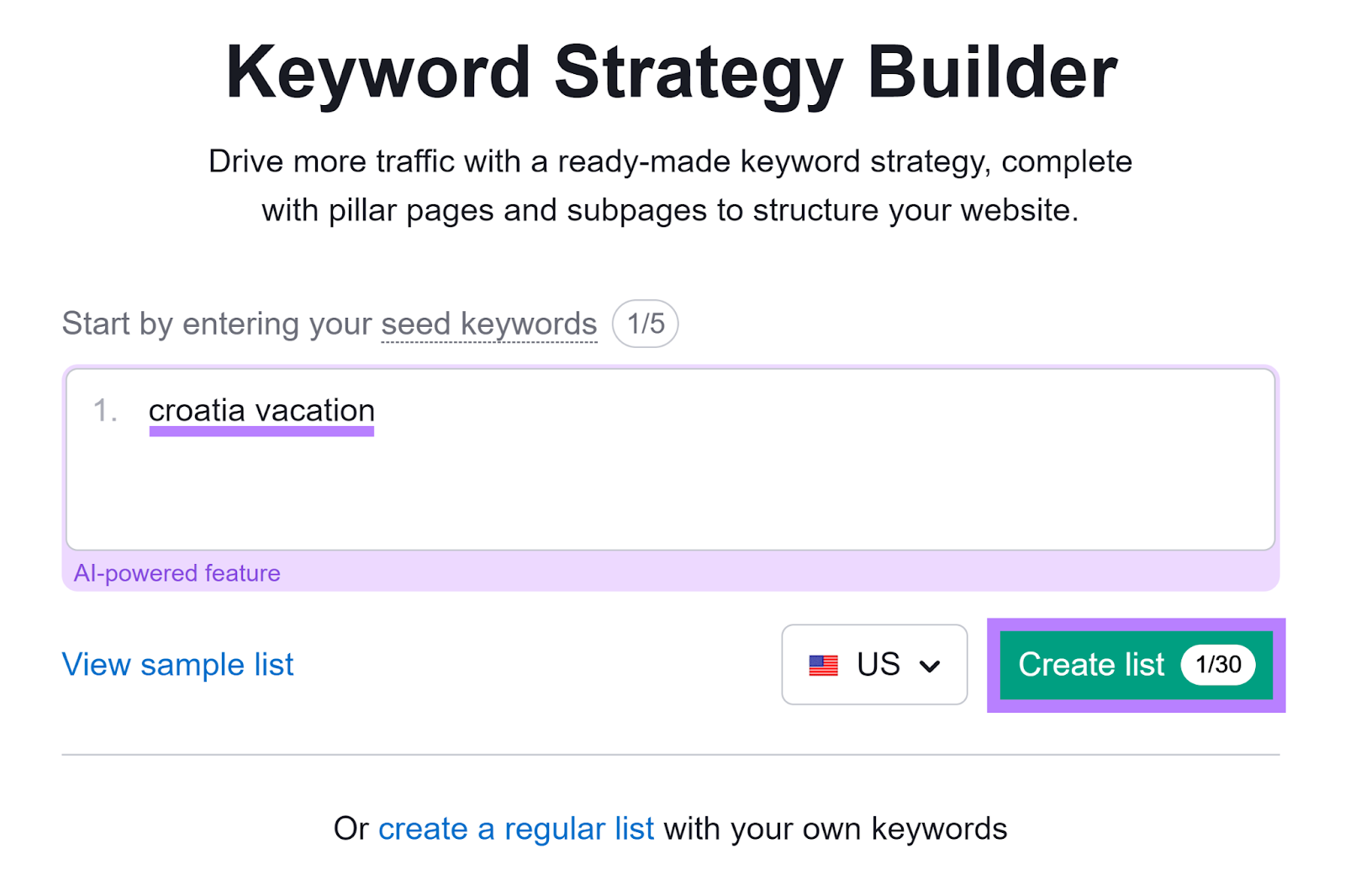 Keyword Strategy builder start with keyword entered and 创建列表 button higlighted