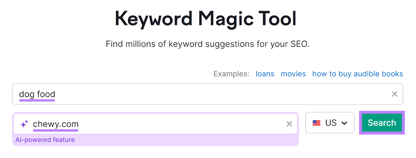 Semrush 关键字魔术工具 start with keyword和domain entered和搜索 button highlighted