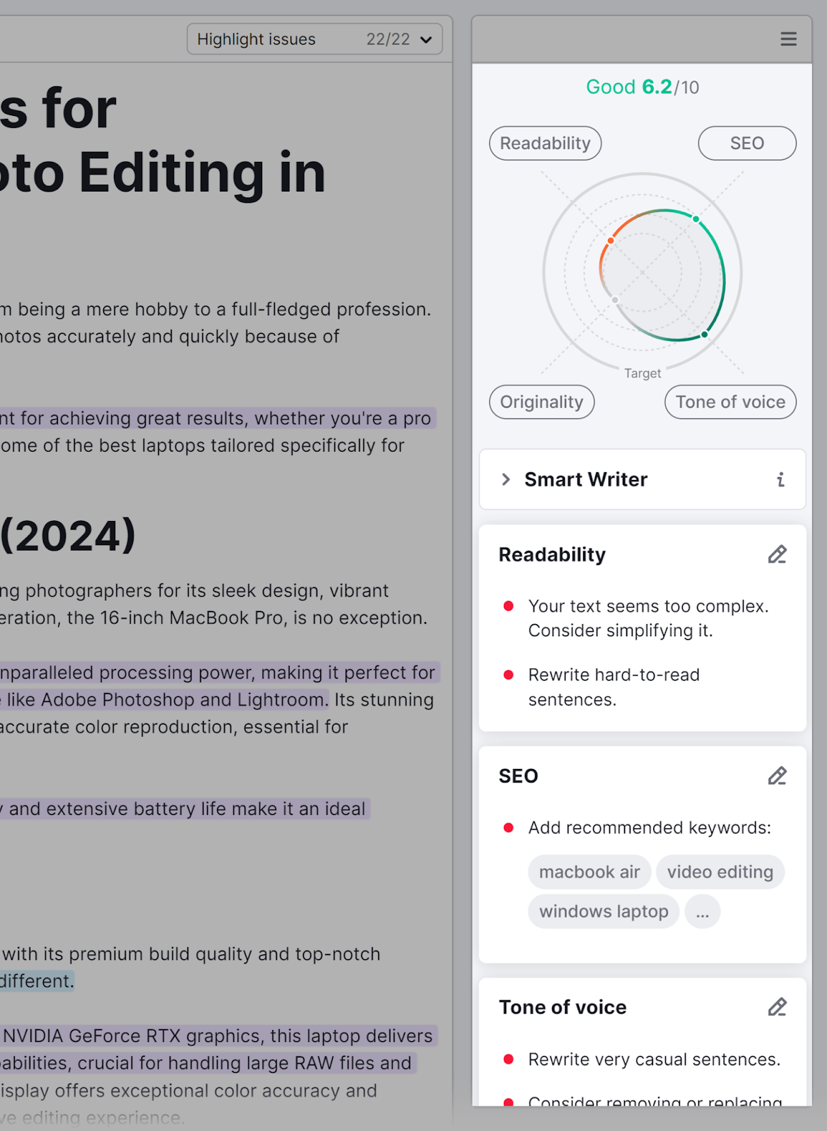 Copy suggestions in sidebar grouped into Readability, SEO, Tone of voice,而Originality.