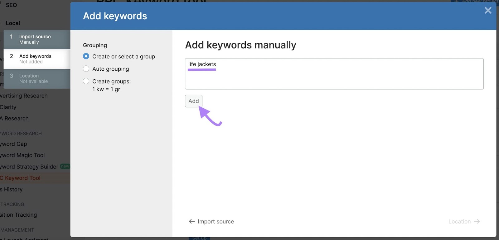 'life jackets' keyword added in '添加关键字' window and '添加' button highlighted in Semrush PPC的关键字工具