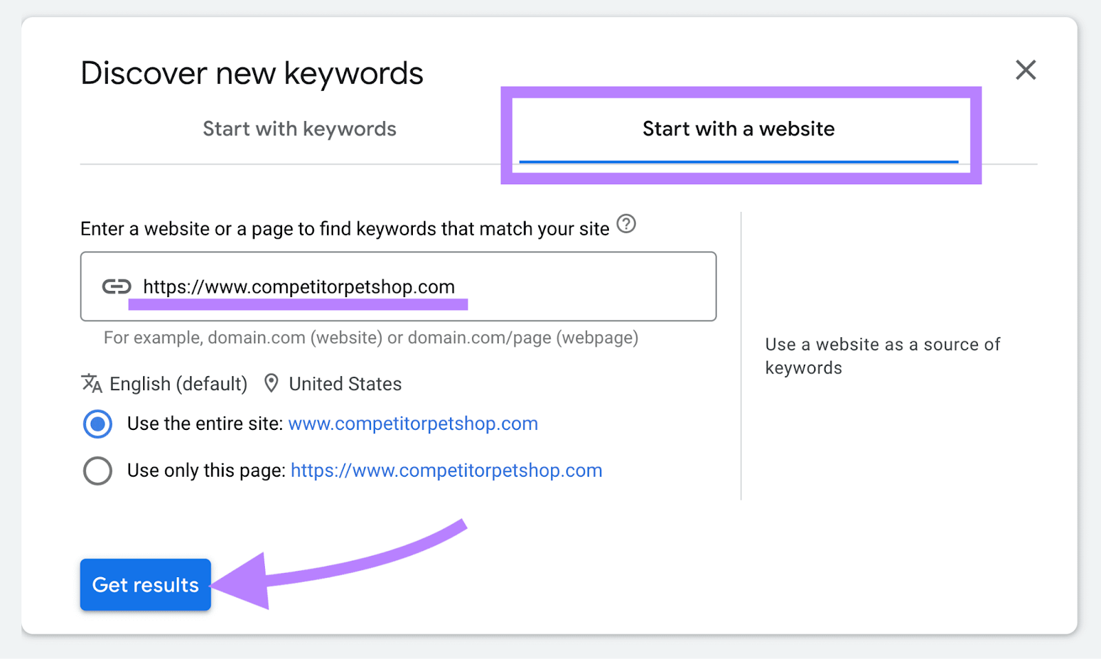 A form within 关键字规划师 that lets you discover keywords using a website URL—