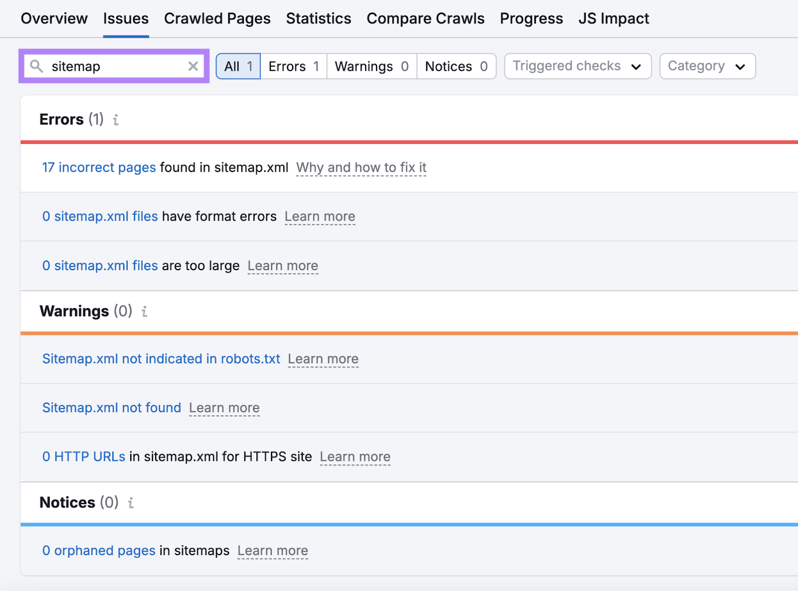 search for sitemap issues in site audit tool shows incorrect pages, format errors, 和 more