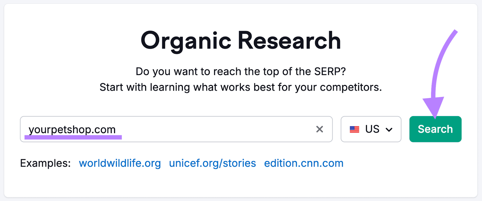 organic research tool's start page with 
