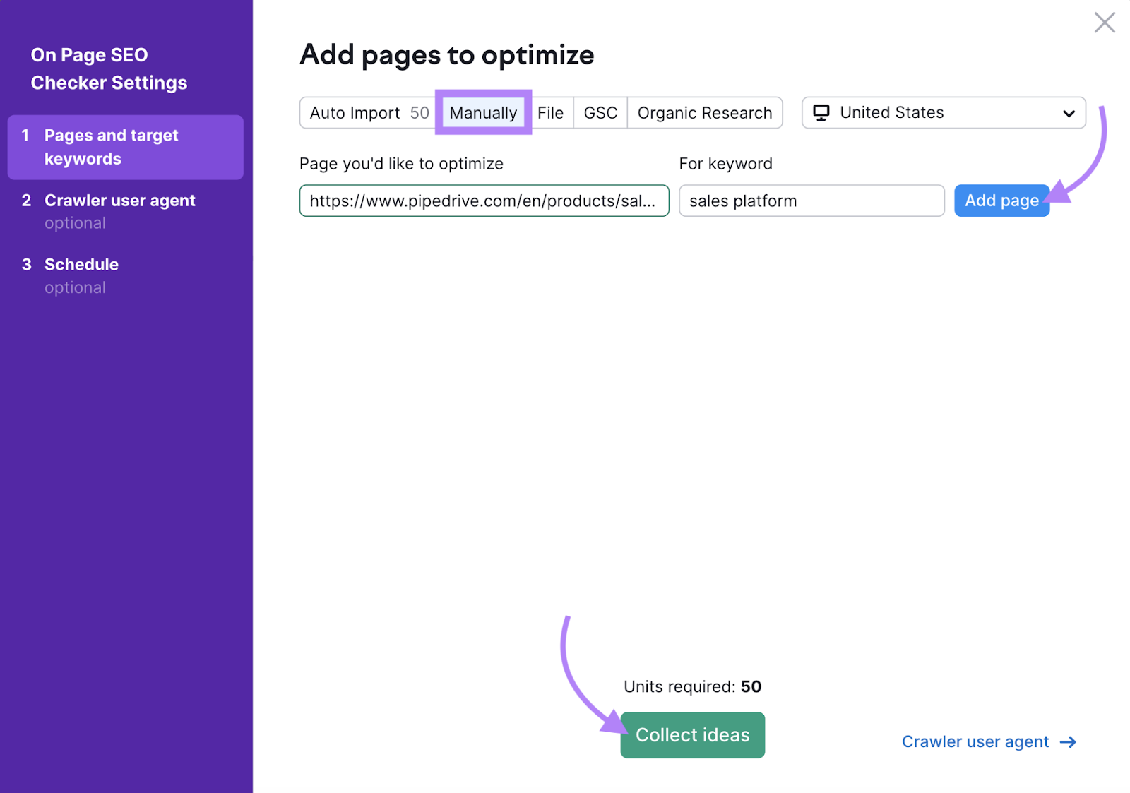 pipedrive product page entered as page we'd like to optimize for the keyword