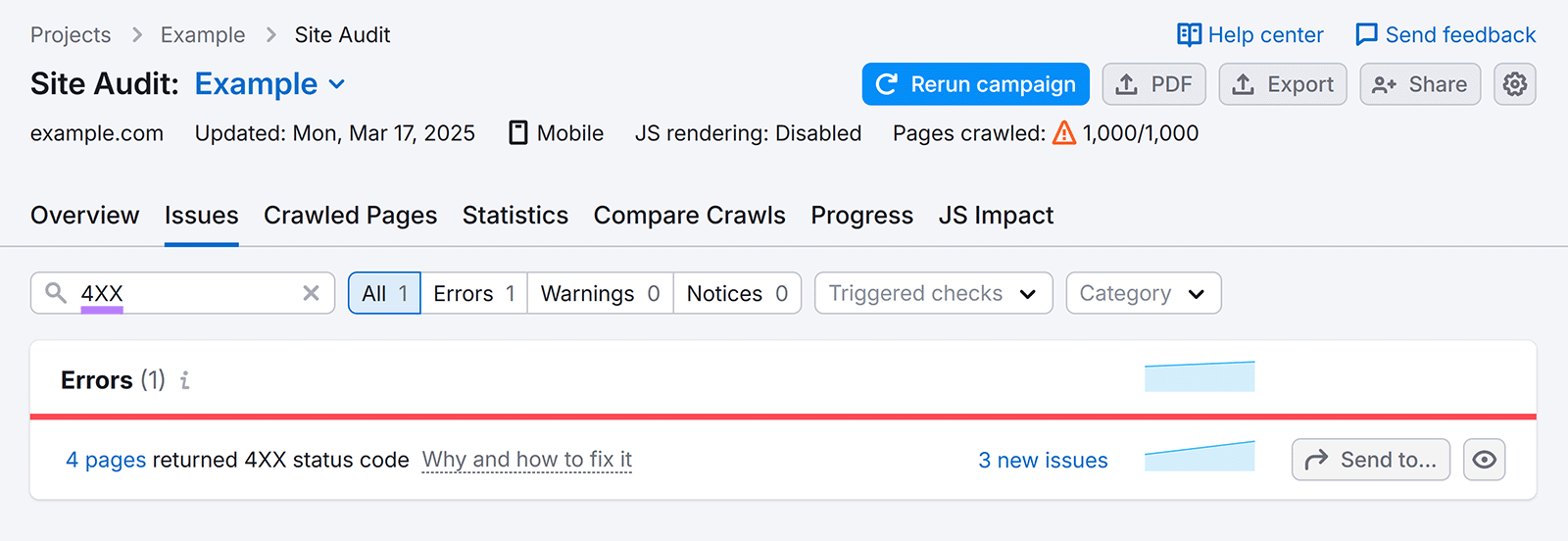 Semrush 现场审核 问题 page with '4xx' in search bar and errors section showing 4 pages returned 4xx status code row