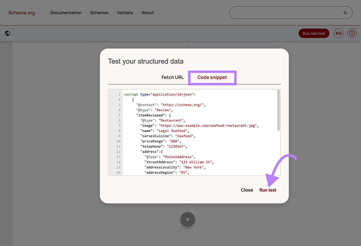 Schema.org code snippet validator popup with 密码 Snippet tab highlighted, code snippet pasted in field, and arrow to 运行测试 button.