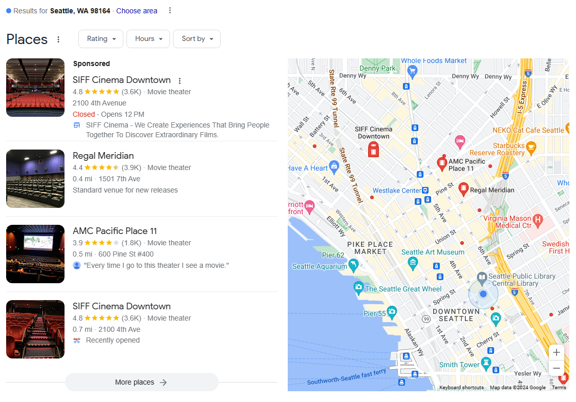 Online reviews for movie theaters as seen in Google’s 本地 Pack