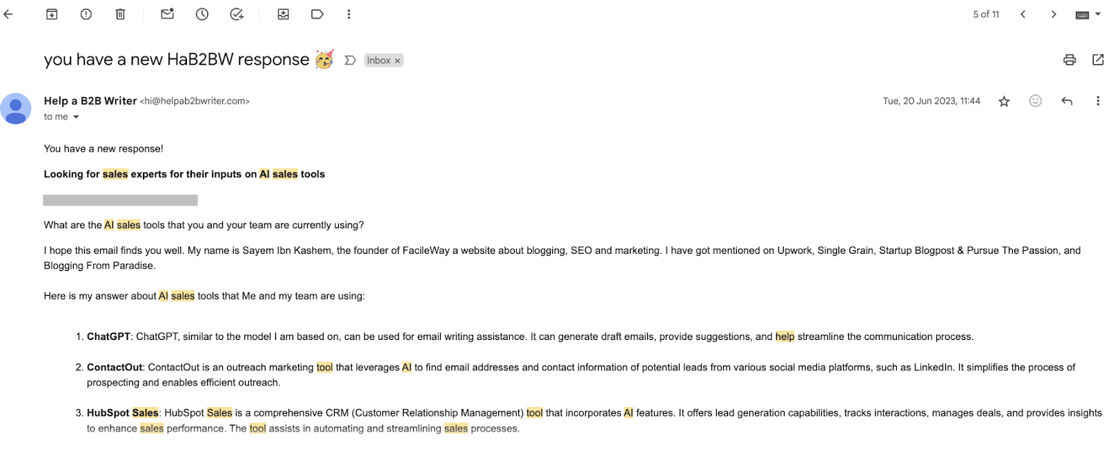 Email from a writer via 