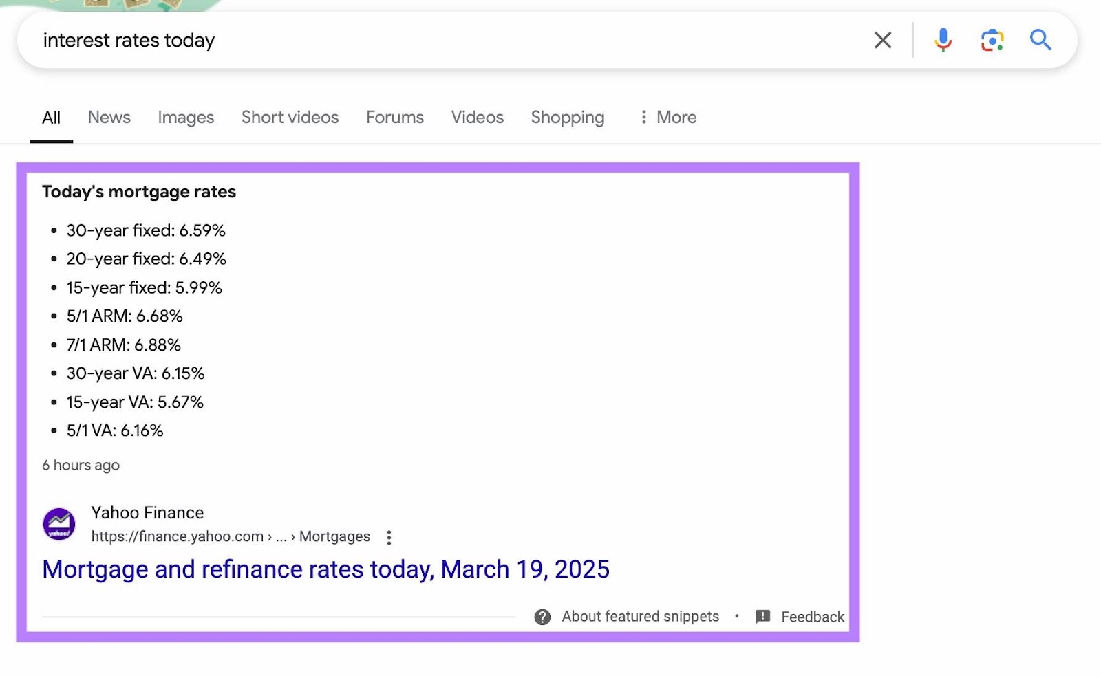 Current 精选片段 for a keyword accessed directly from Semrush's 有机研究工具。