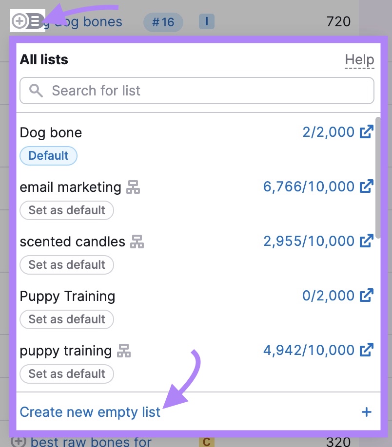 the list icon to the left of a keyword clicked and “Create new empty list”highlighted from the window that opens