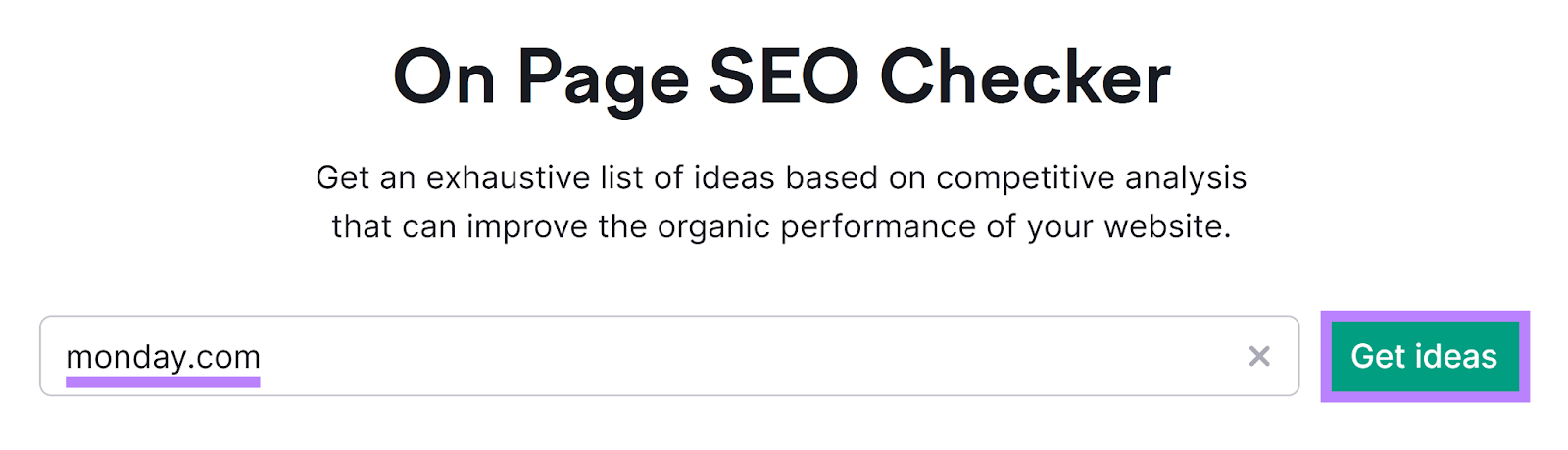Semrush 网页搜索引擎优化检查 tool start with domain entered and 获取想法 button highlighted