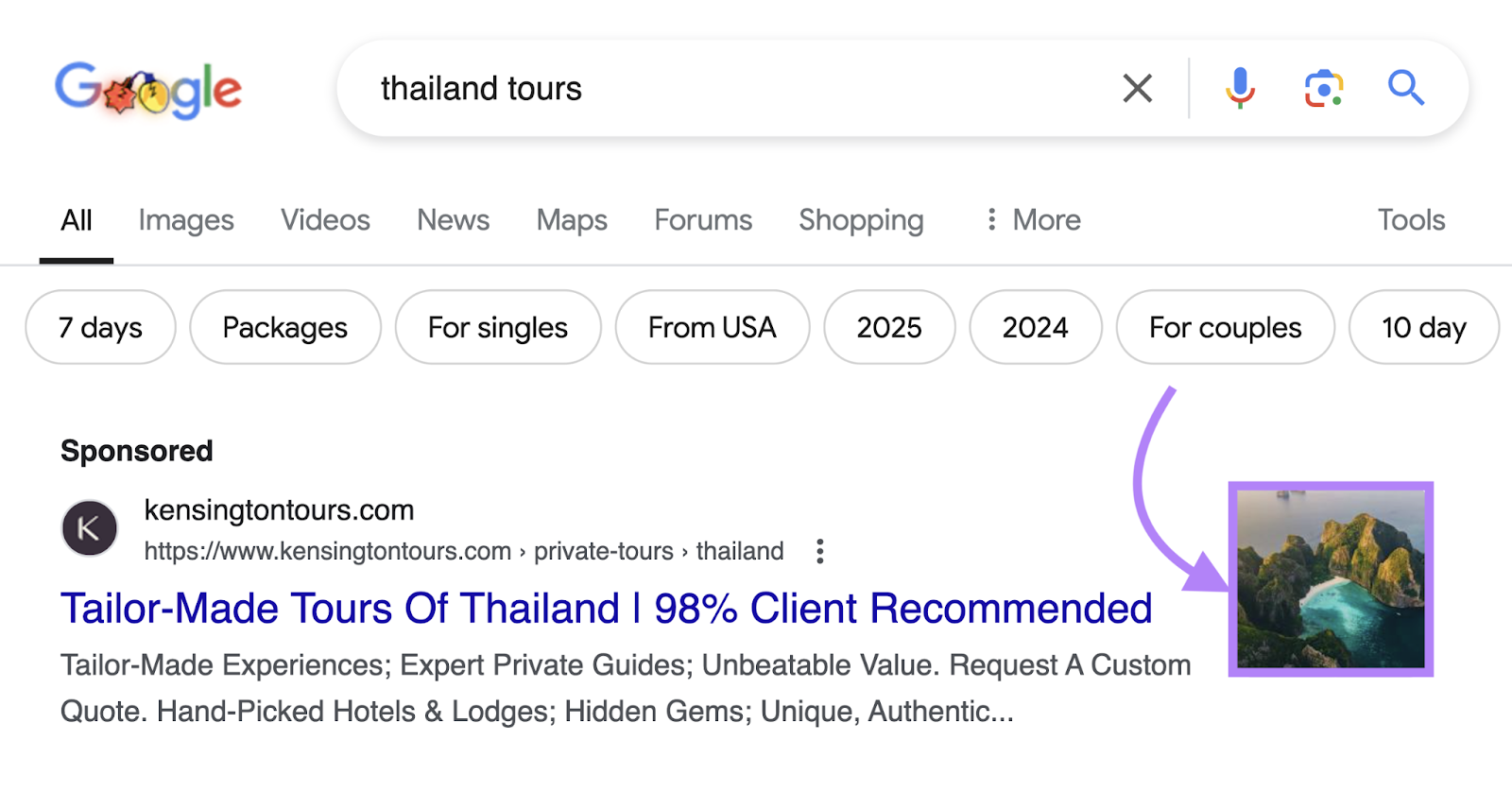 image is highlighted to the right of a google search ad's headline和description