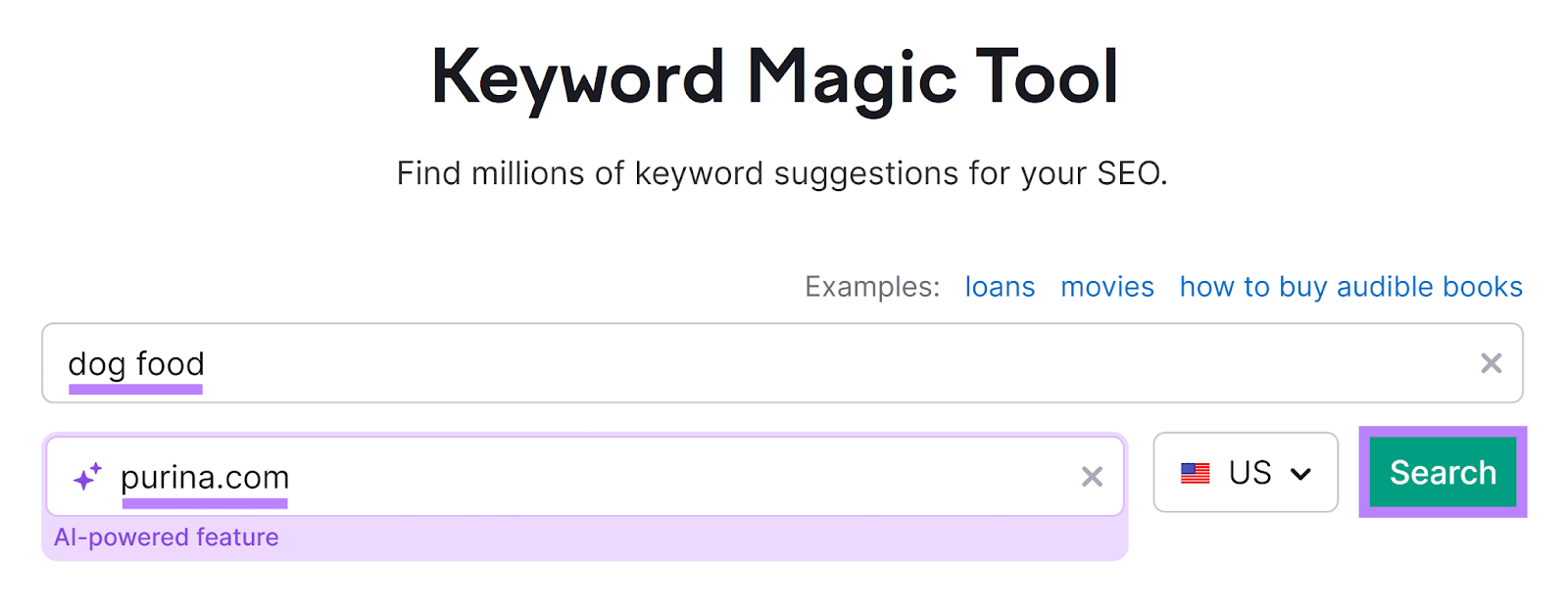 关键字魔术工具 start with keyword和domain entered和搜索 button highlighted