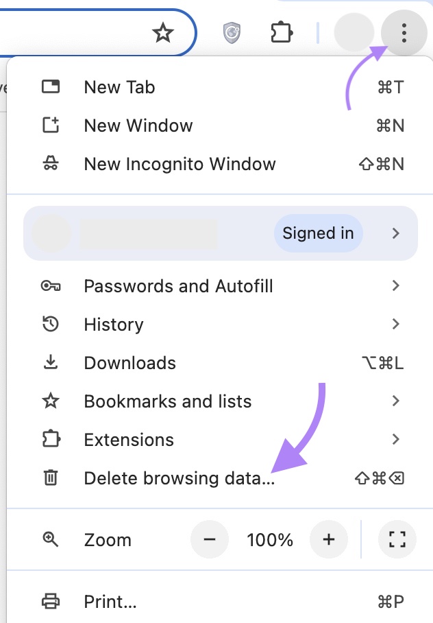 the three dot icon in the top right corner of the Chrome browser clicked and “删除浏览数据…...”selected
