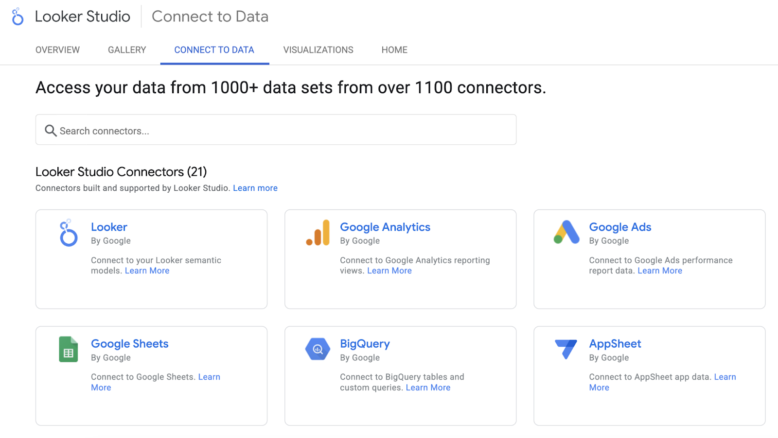 Looker Studio connectors include 谷歌分析, Google Ads, Sheets,和others.