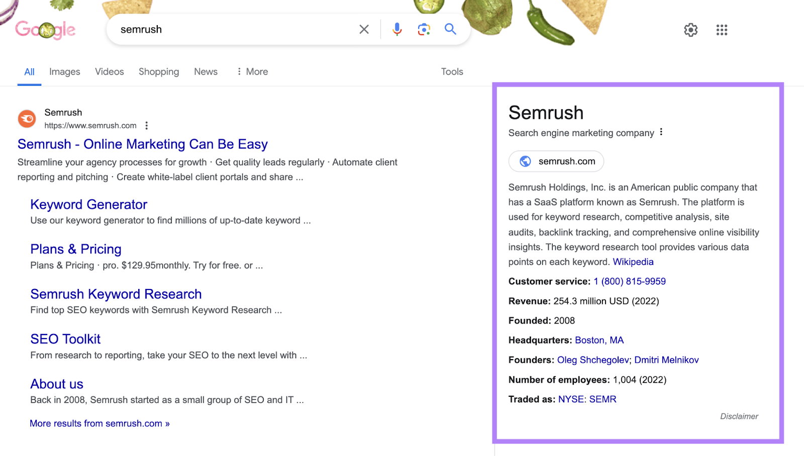 semrush 知识小组 highlighted in serp for semrush search term