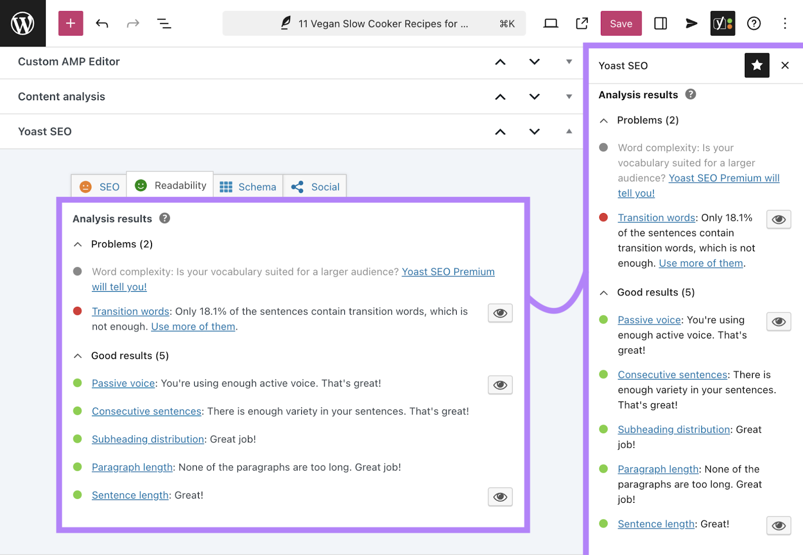 尤斯特's readability analysis results in sidebar and below draft