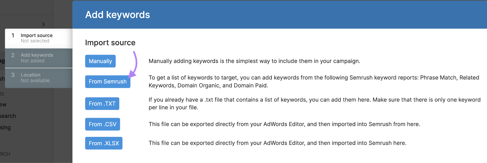 Arrow pointing to 'From Semrush' import source button in Semrush PPC关键字工具