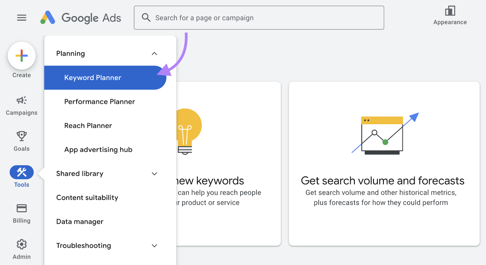 navigate to Google 关键字规划师
