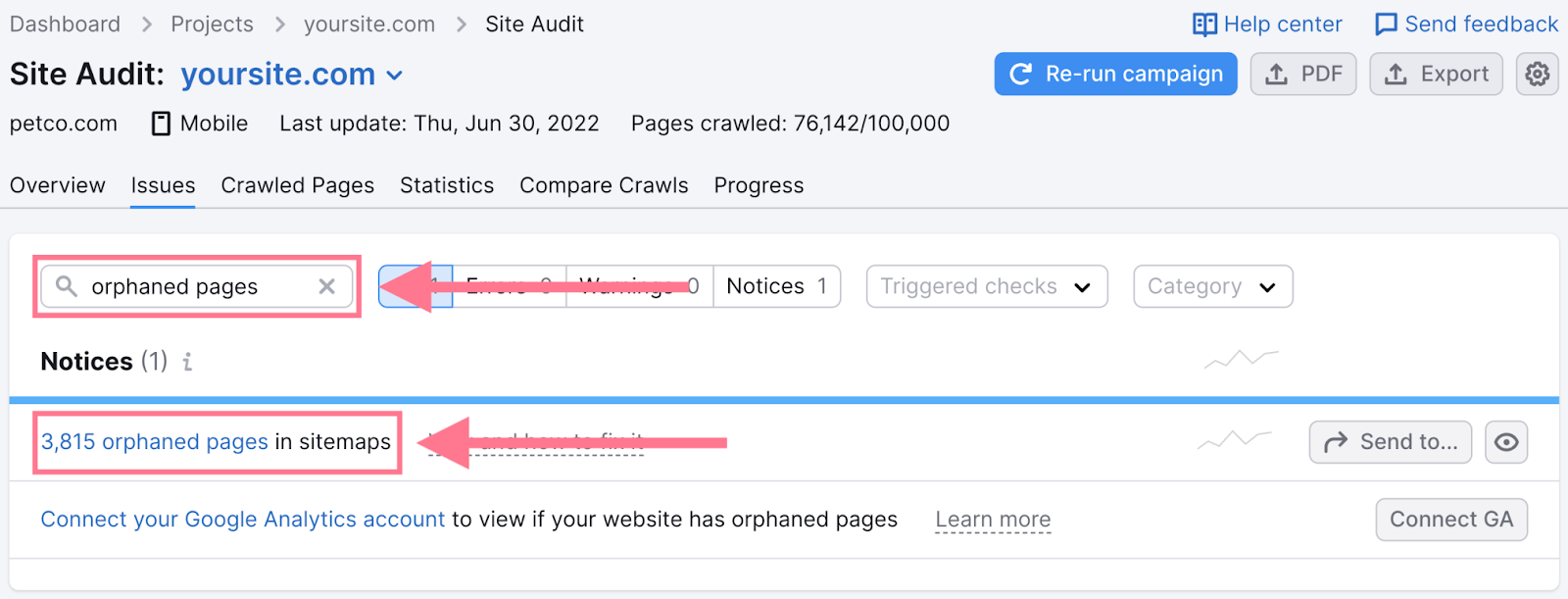 Orphaned pages errors highlighted in the 