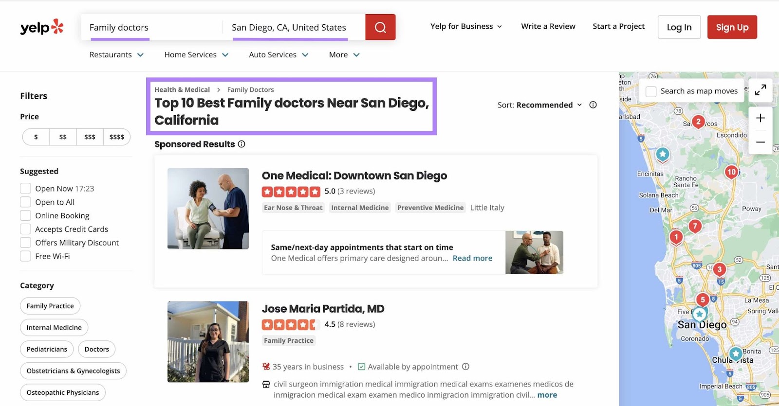 Yelp results showing the 