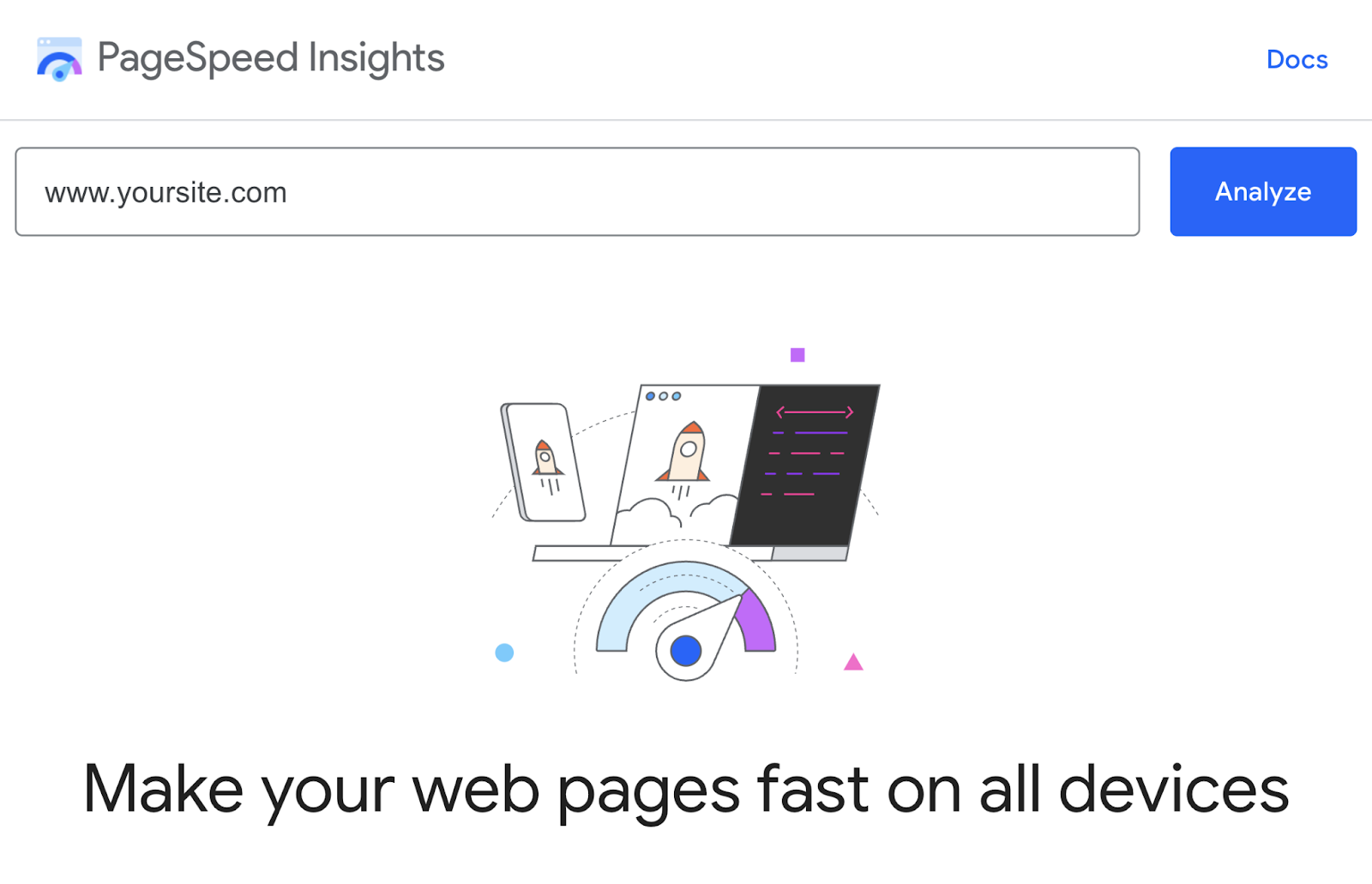 Google PageSpeed Insights home with a domain entered和the 