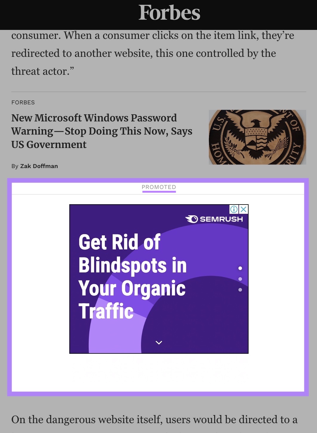 Google display ad by Semrush appearing on the Forbes website with the 