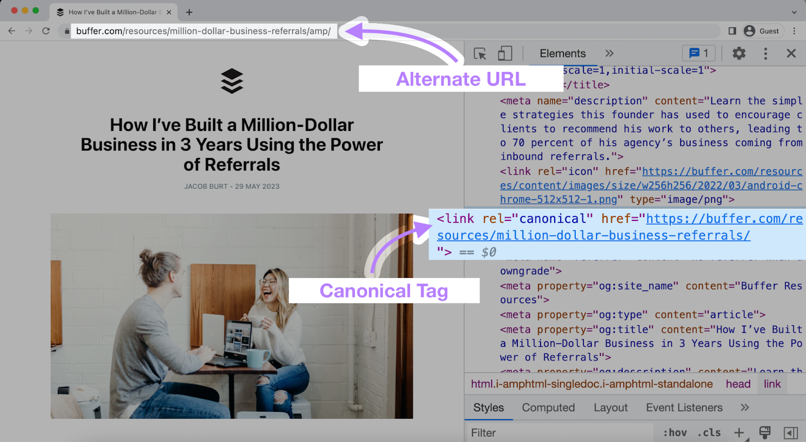 split screen showing an article and its HTML code, highlighting 