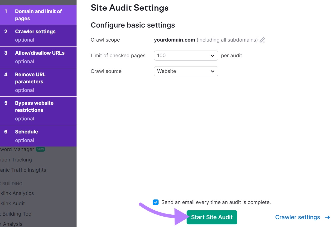 Site Audit configuration page to select crawl scope, source, and limit of checked pages with 