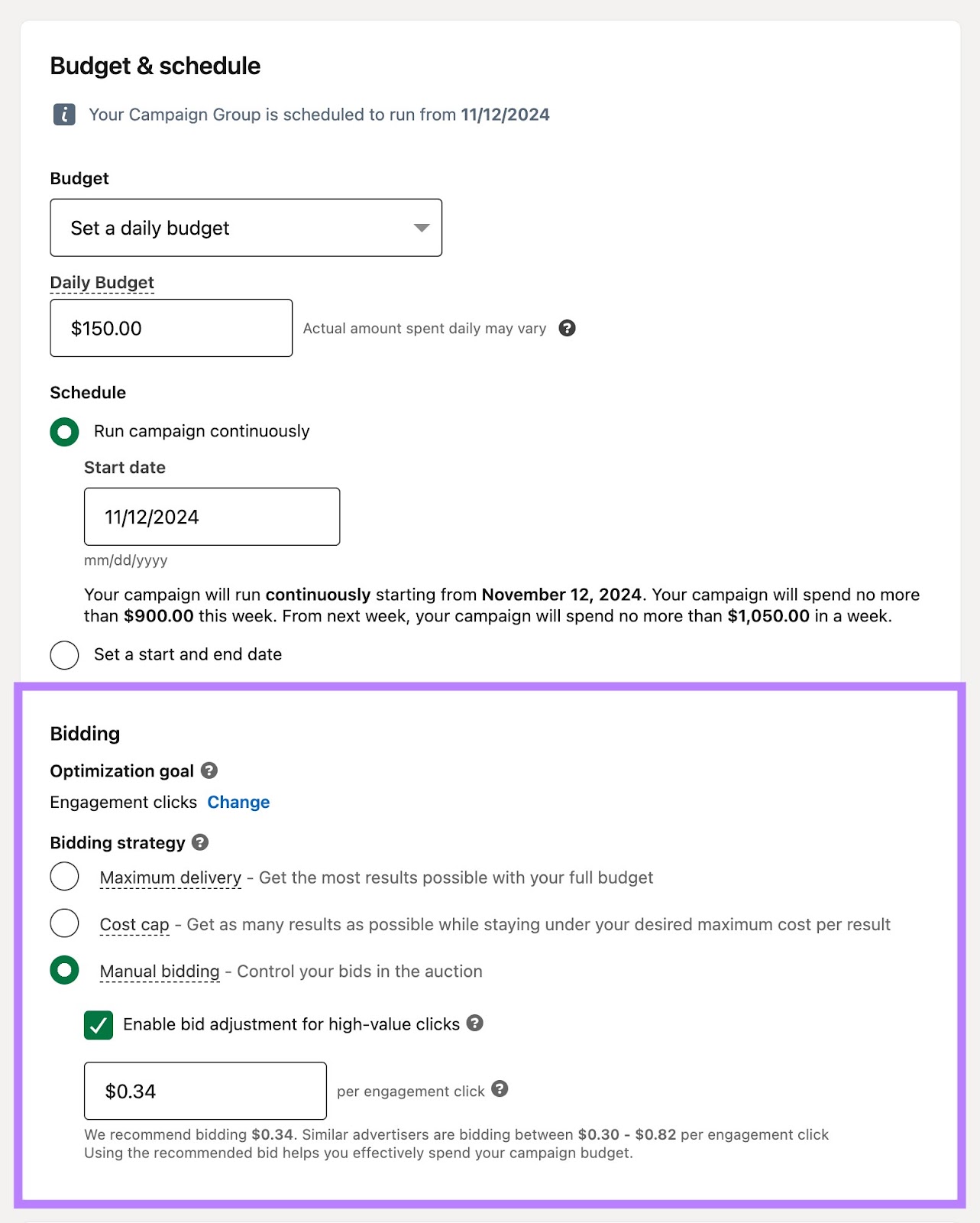 Bidding settings on LinkedIn Campaign Manager with 
