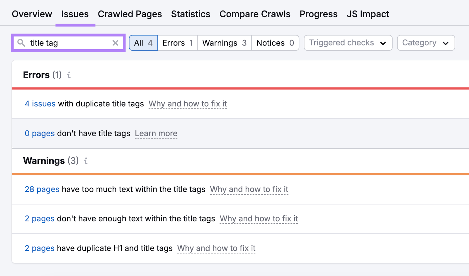 Title tag issues are things like missing tags, duplicates, too much text, not enough text, or duplicate h1 and 标题标签s.