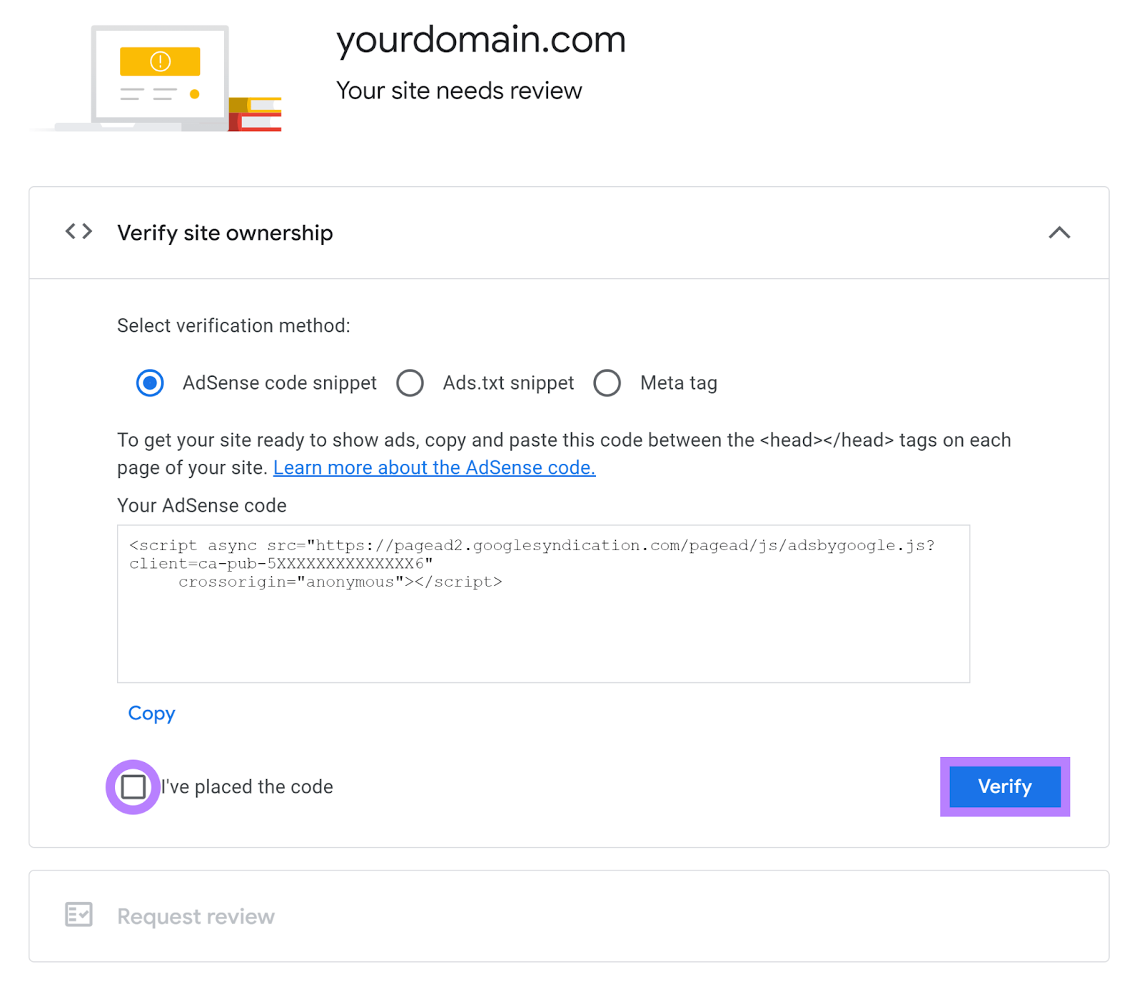 核实资料 site ownership code snippet with 