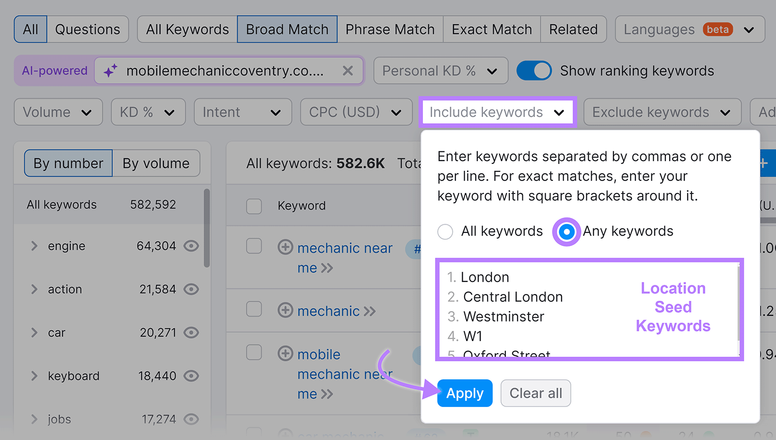 包括关键字 filter, any keywords option highlighted, seed keywords entered, and arrow to 申请.