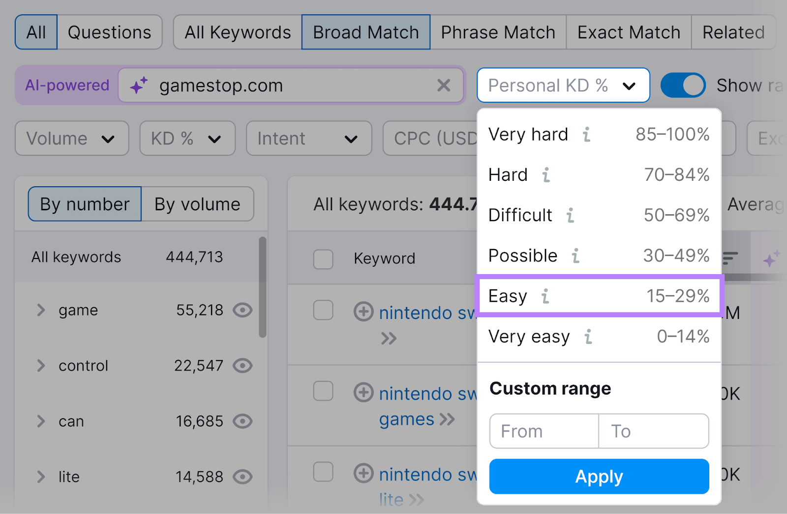 Personal KD filter expanded和Easy option highlighted.
