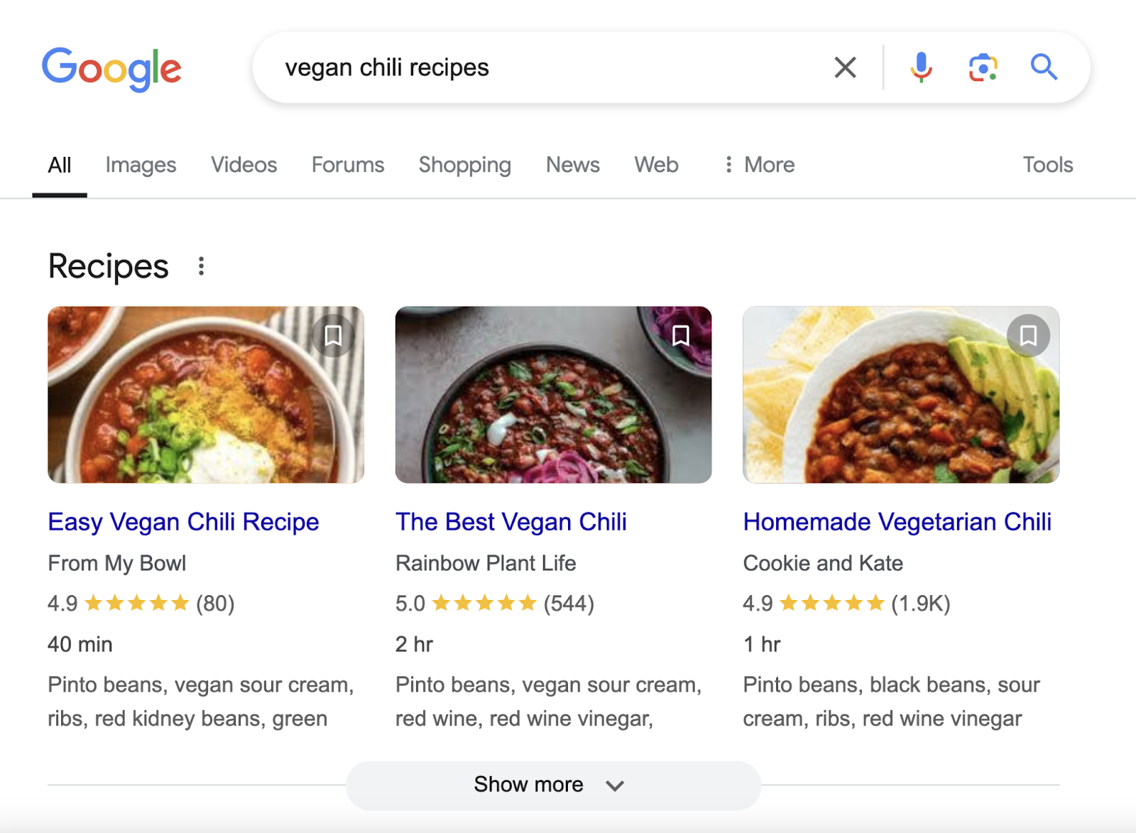 Recipes appear at the top of a SERP for