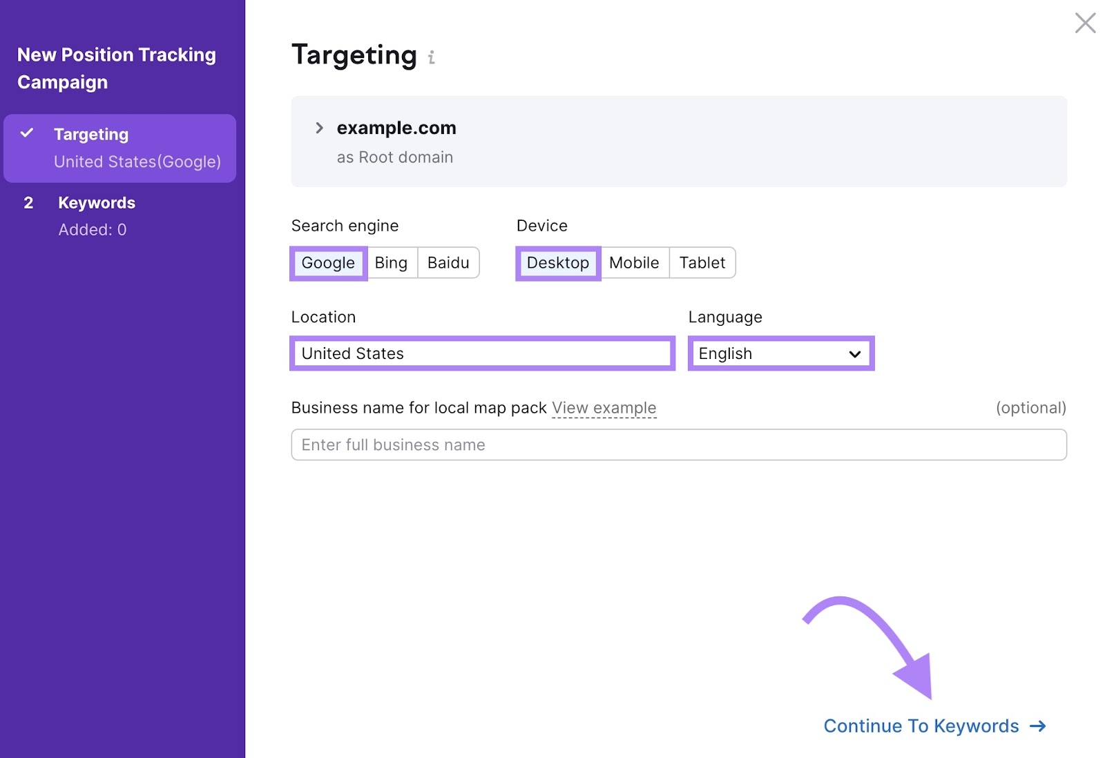 Targeting settings on the 位置跟踪 tool with options to select the search engine, device, location, and language.