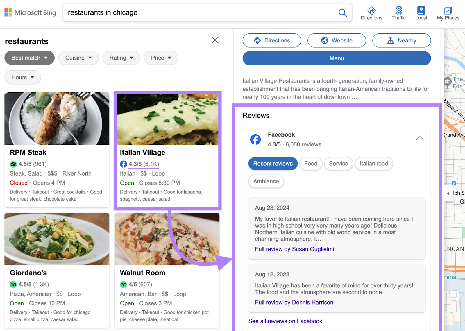 A local search shows business profile results with Facebook评论。