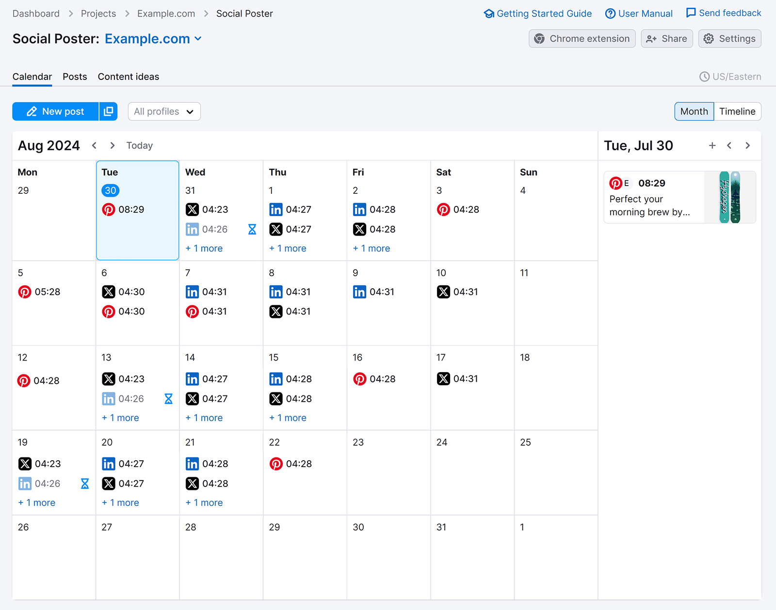 Semrush 社交海报 dashboard with Calendar showing scheduled posts for LinkedIn, Pinterest, and X