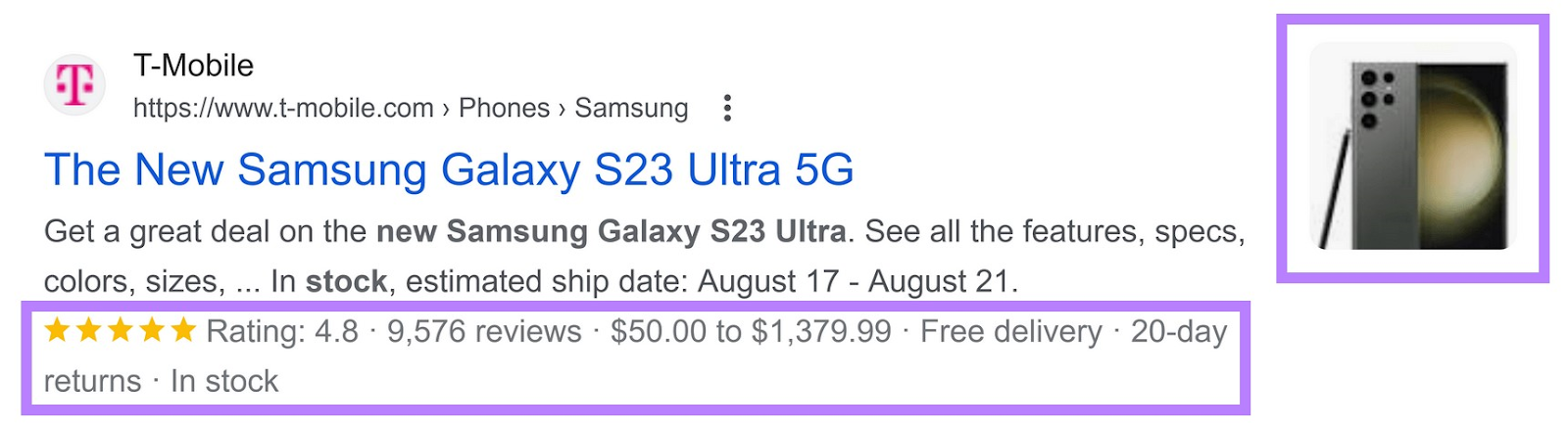 丰富的结果 是 highlighted in an organic serp listing