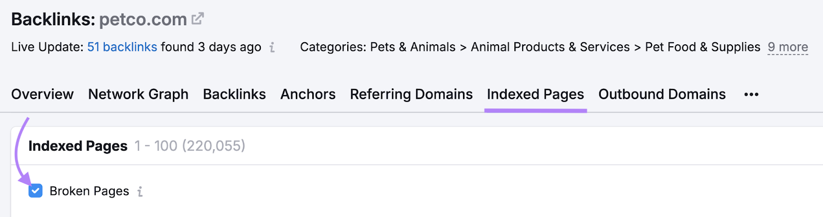 Broken 网页 in Backlink Analytic's indexed pages report