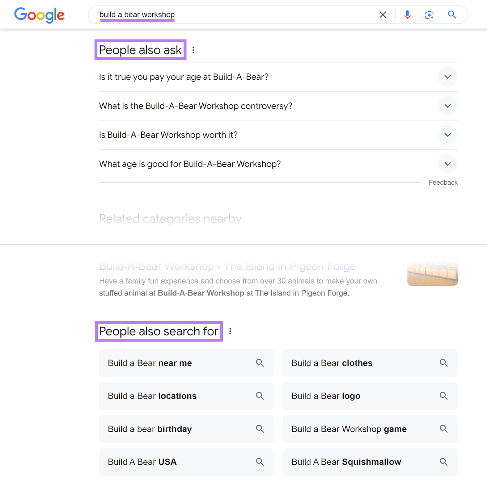 Google SERP for 'build a bear workshop' with People also ask and 人们还搜索 sections highlighted