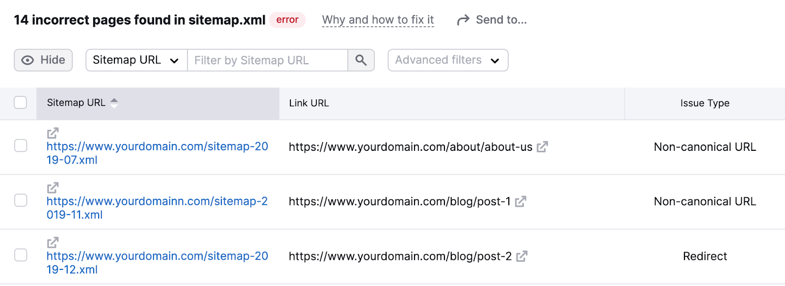 list of 网站地图 urls and the link urls with issue type. for example non-规范,规范 URL or redirect.