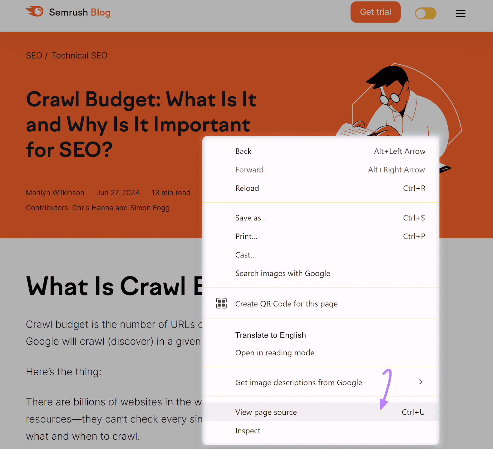 Semrush Blog article with the browser context menu in the foreground and a light purple arrow pointing to 