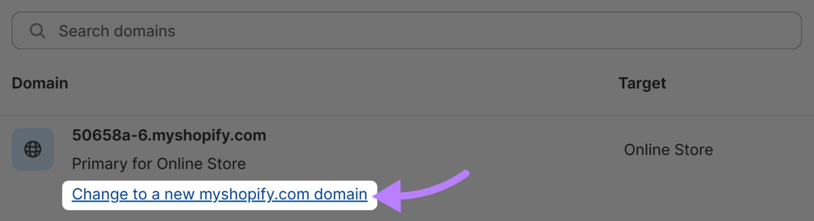 “更改为新的myshopify.com 域名”link highlighted in Shopify admin