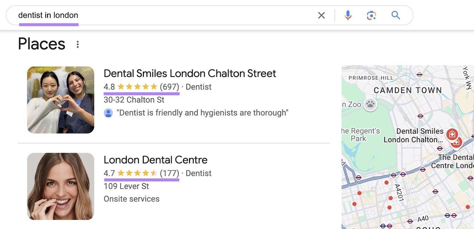 Top ranking map results on Google with their overall rating和the total number of reviews highlighted.