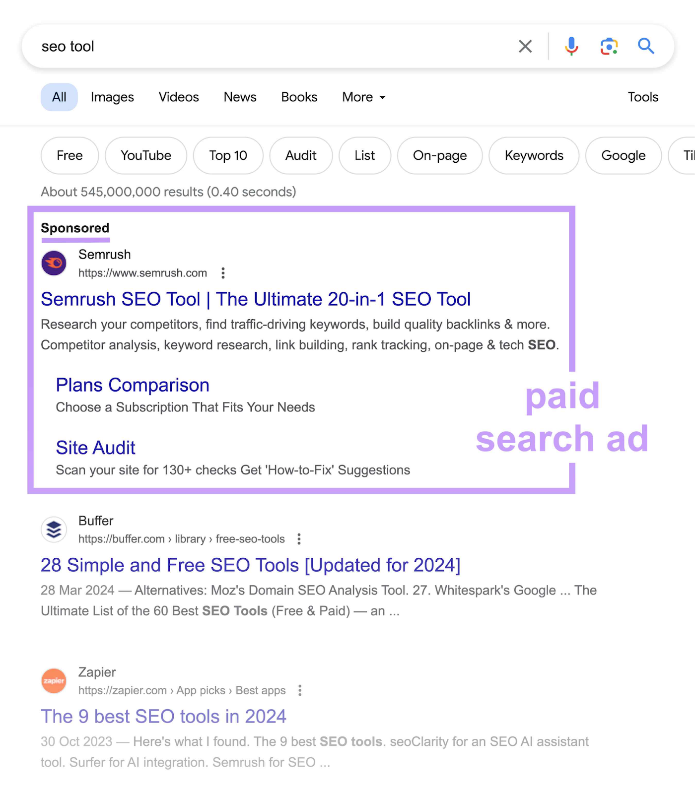 Google search results for the keyword 