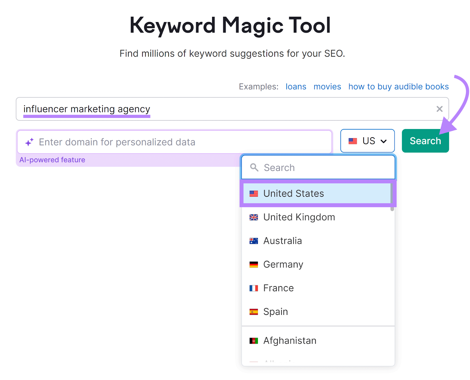 关键字魔术工具 start with keyword entered, location set to United States, and arrow pointing to 搜索 button