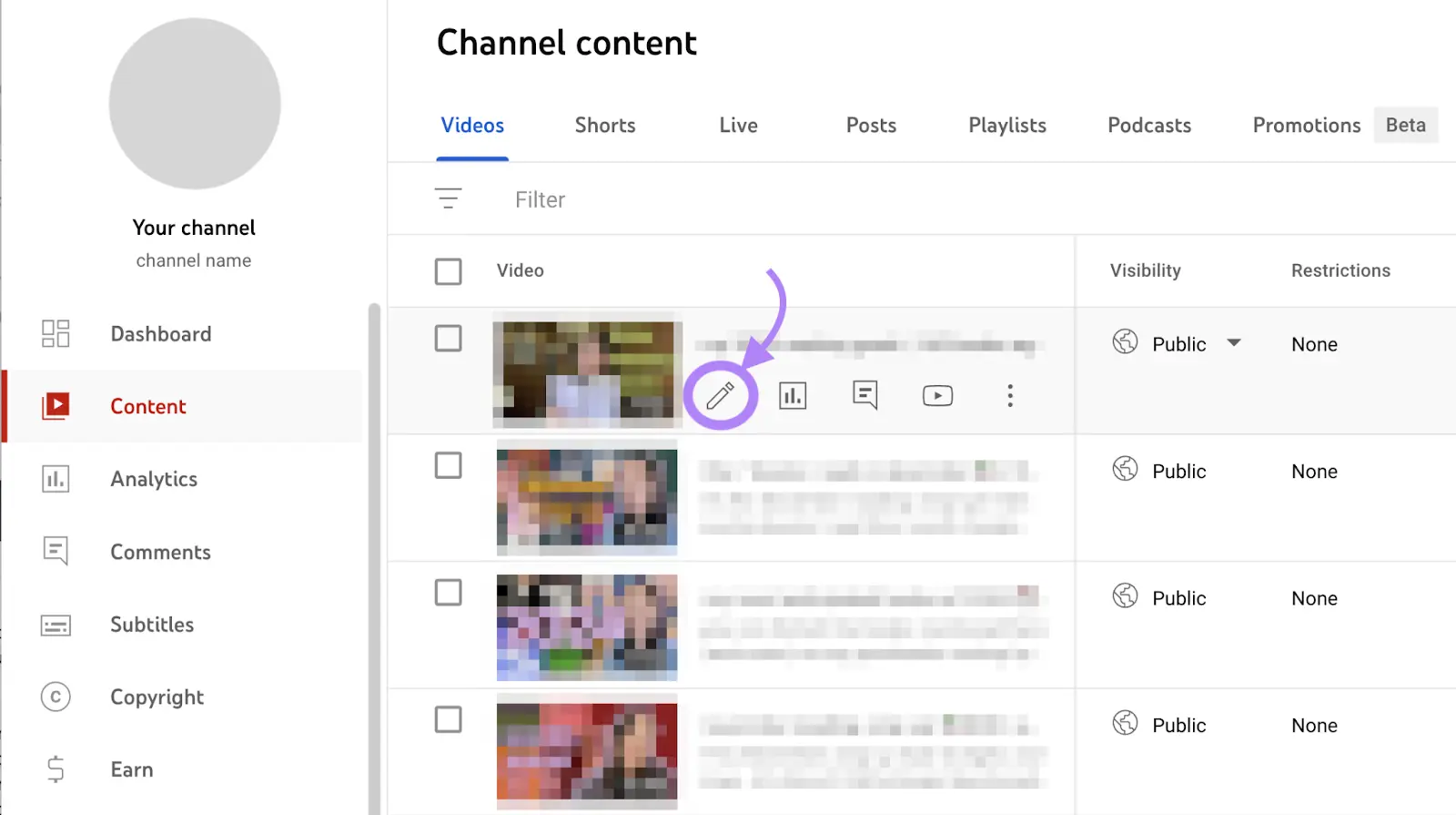 YouTube Studio dashboard with 内容 page opened和arrow to Edit button of YouTube video