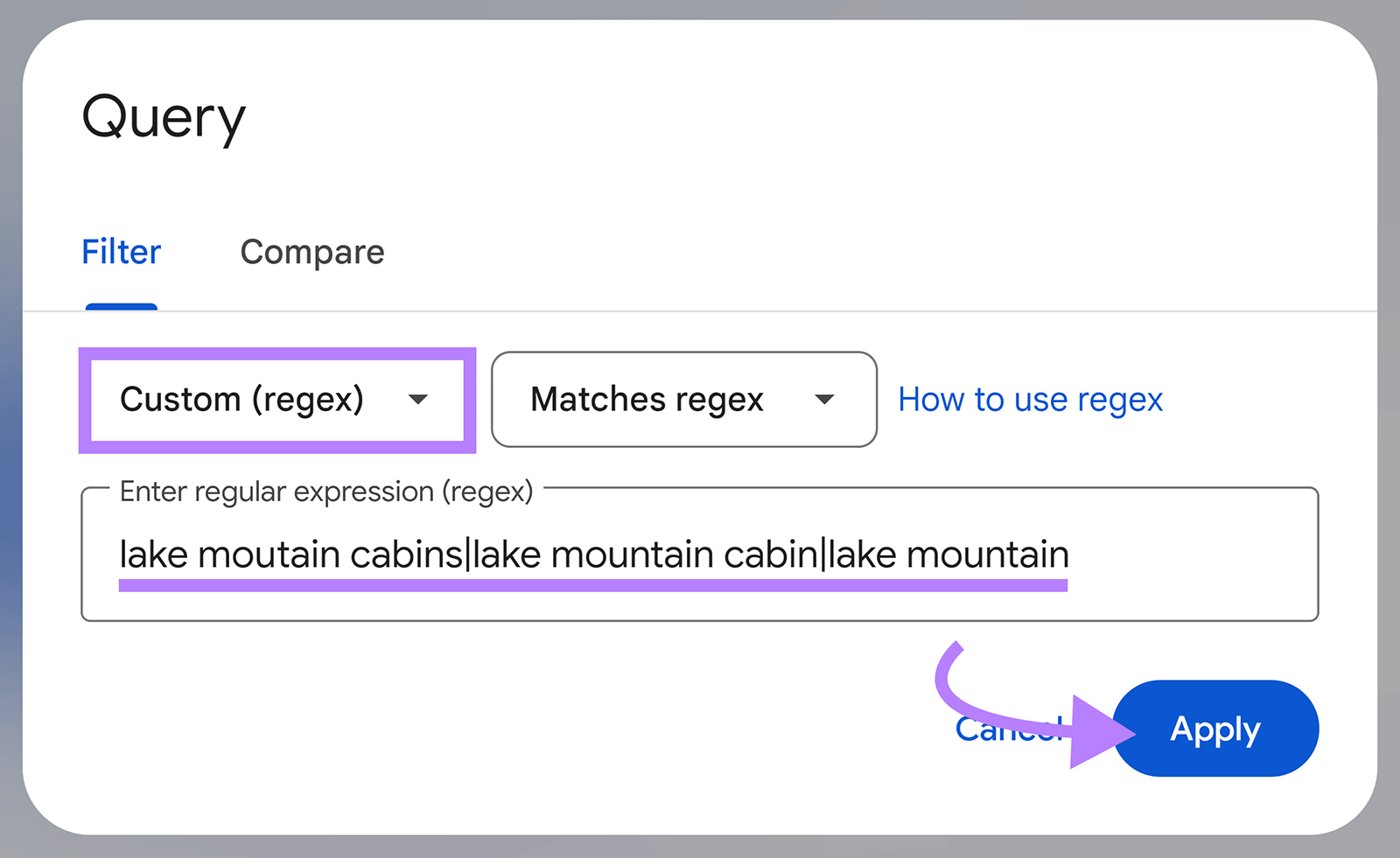 Query configuration popup with 过滤器 set to Custom regex, expression entered, and arrow pointing to 申请button