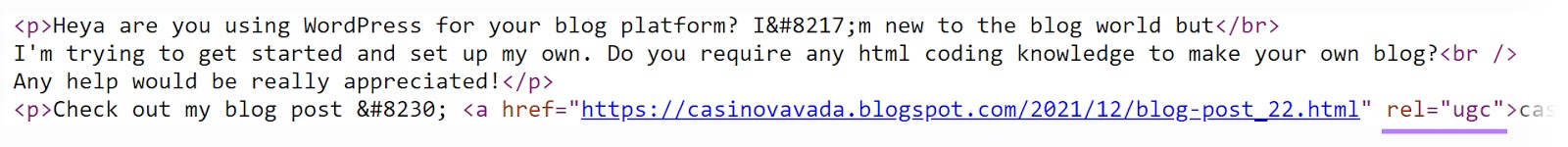 Page source of the website showing the user comment HTML code with 